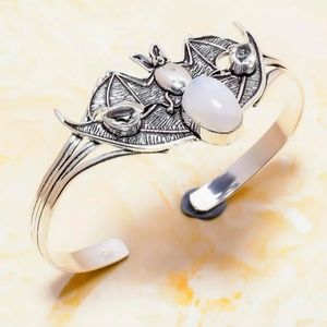 New Rainbow Moonstone and White Topaz 925 Silver Bat Cuff Bracelet.